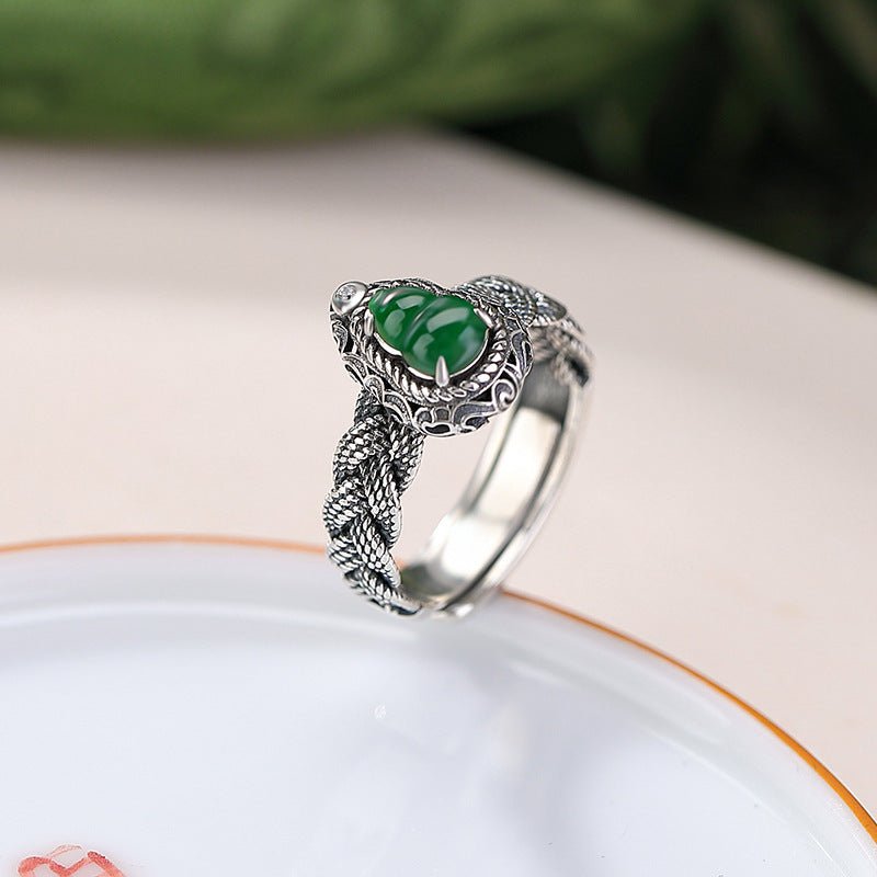 S925 Sterling Silver Jadeite Ring – Braided Gourd Open Band | Chinese "Fu Lu" Luck & Protection - Taichi - Zen