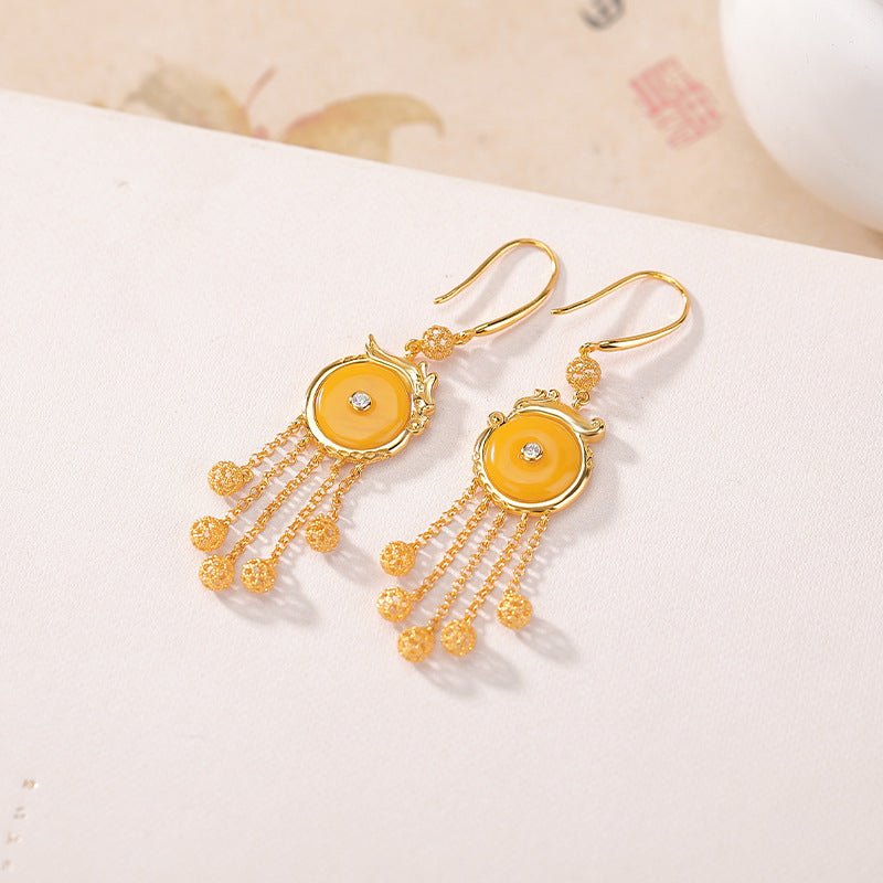 S925 Gold - Plated Amber Earrings – Phoenix & Tassel Motifs | Organic Luxury with Imperial Flair - Taichi - Zen