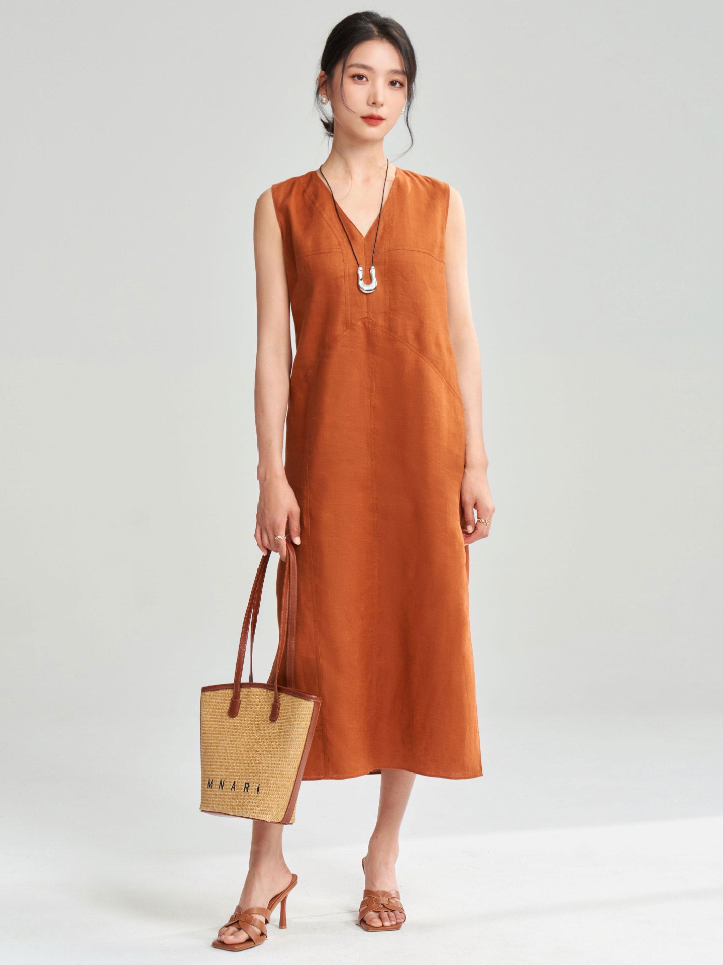 Rust Linen V - Neck Dress with Clean Lines and Bare Shoulders - Taichi - Zen