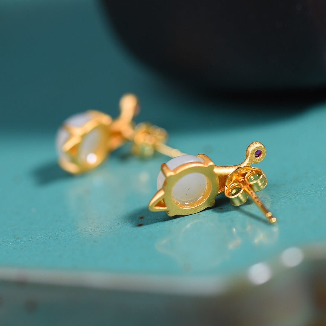 White Jade Snail Earrings – Two Soft Travelers in Gold Light - Taichi - Zen