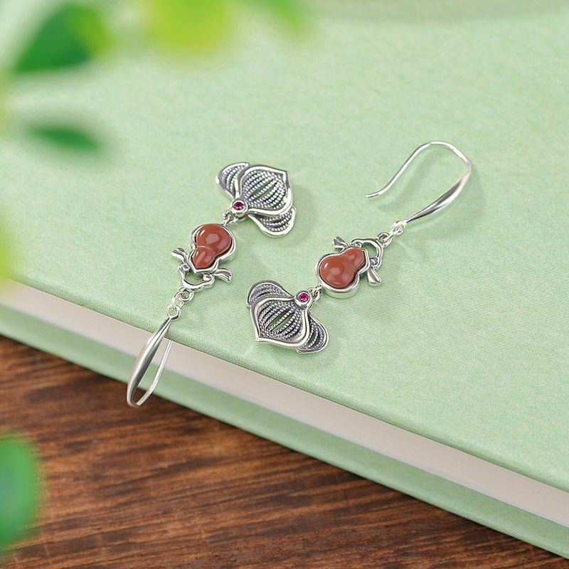 S925 Sterling Silver Red Agate Earrings – "Golden Fish & Gourd Harmony" - Taichi - Zen
