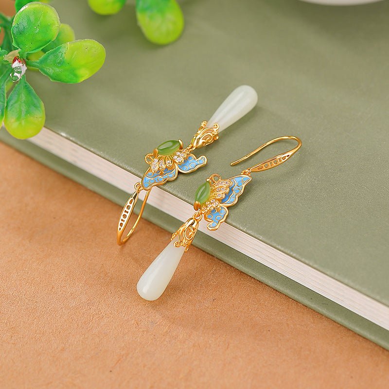 S925 Gold - Plated Hetian Jade Earrings – "Butterfly Alchemy" - Taichi - Zen