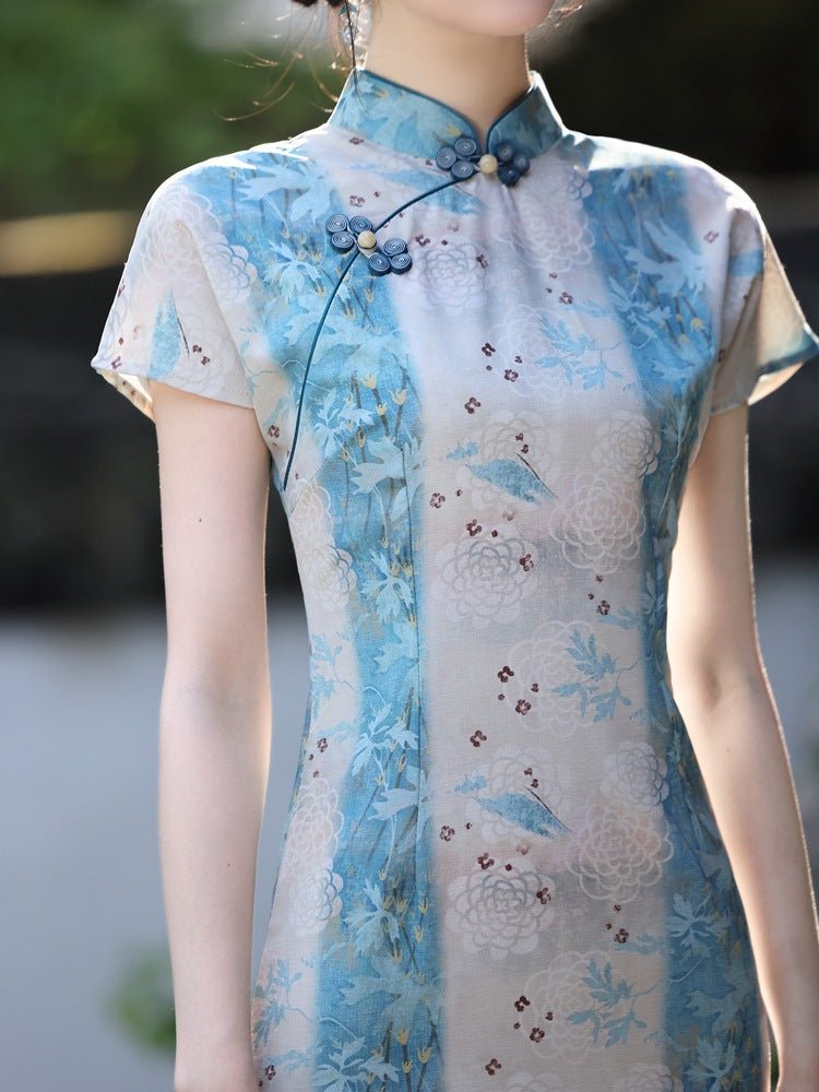 Camellia White Qipao with Blue Panels and Light Bloom - Taichi - Zen