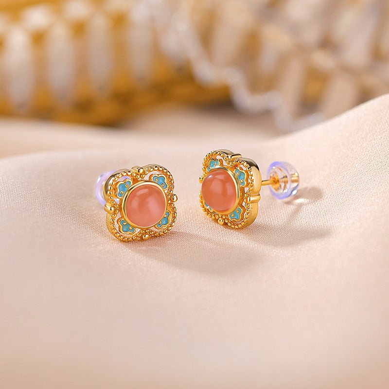 S925 Gold - Plated Water Red Agate Earrings – Double Fortune Motifs in Bloom - Taichi - Zen