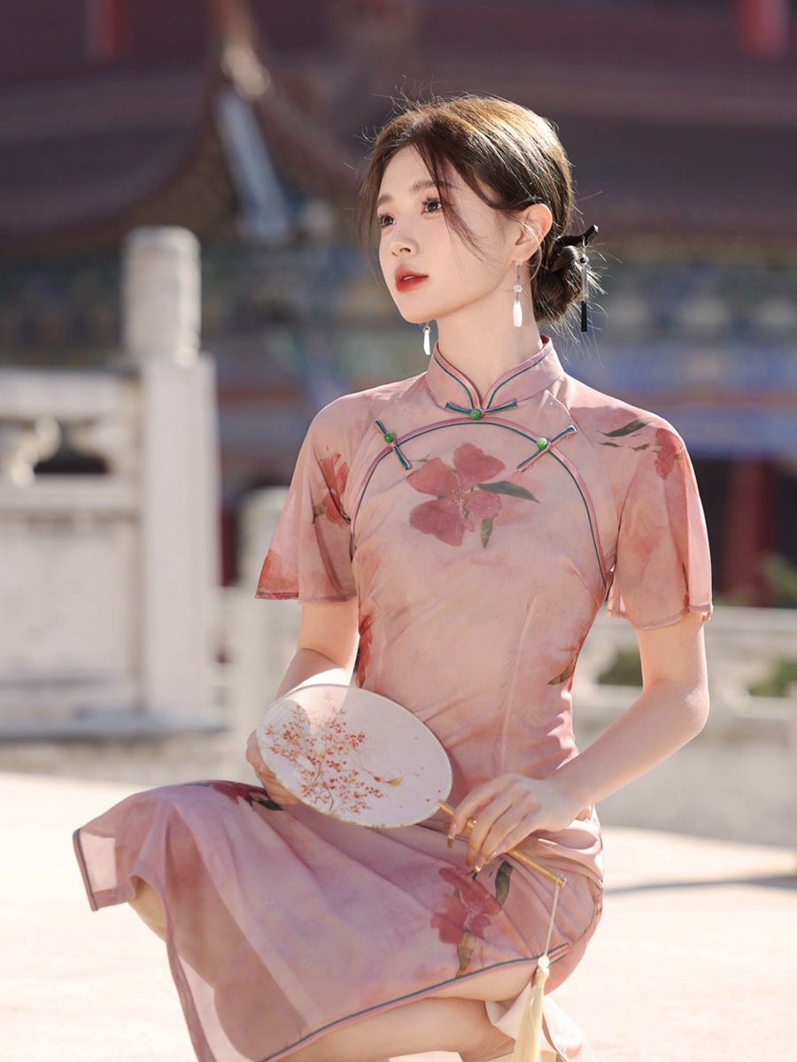 Blush Floral Qipao with Sheer Flutter Sleeves - Taichi - Zen