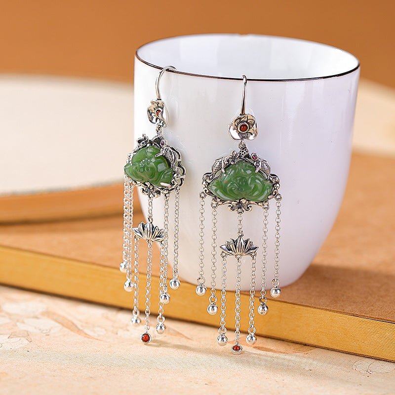 S925 Sterling Silver Hetian Jade Earrings – Lotus, Koi & Flowing Tassels - Taichi - Zen