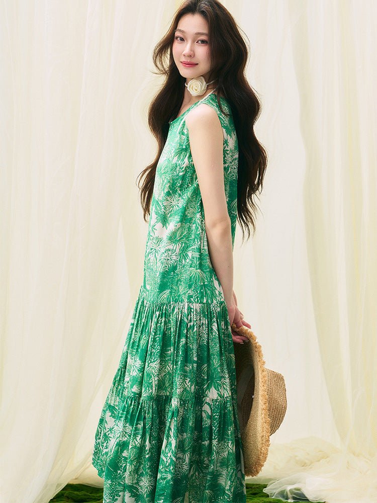 Green Floral Sleeveless Maxi Dress – Flowy Vacation Sundress with Flattering Loose Fit for Summer - Taichi - Zen