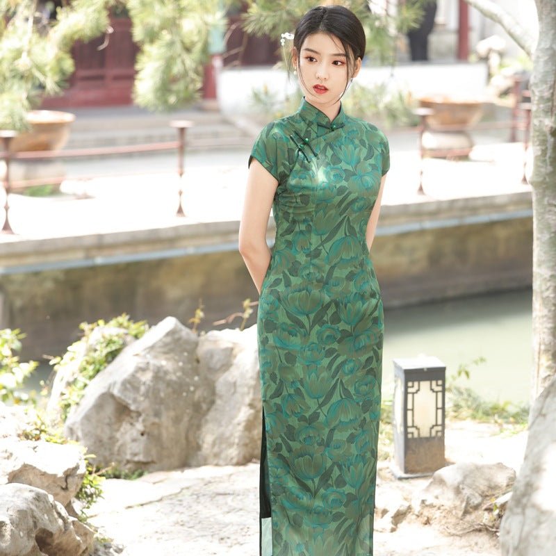 Lotus Green Qipao with Shadowed Floral Weave - Taichi - Zen