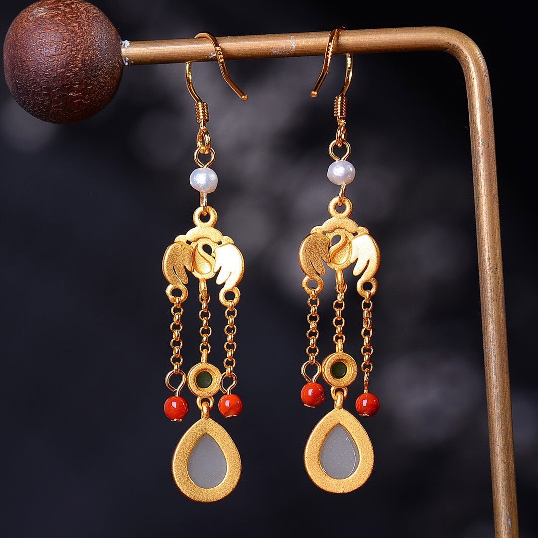 Swallows Beneath the Eaves – Enamel & White Jade Tassel Earrings - Taichi - Zen