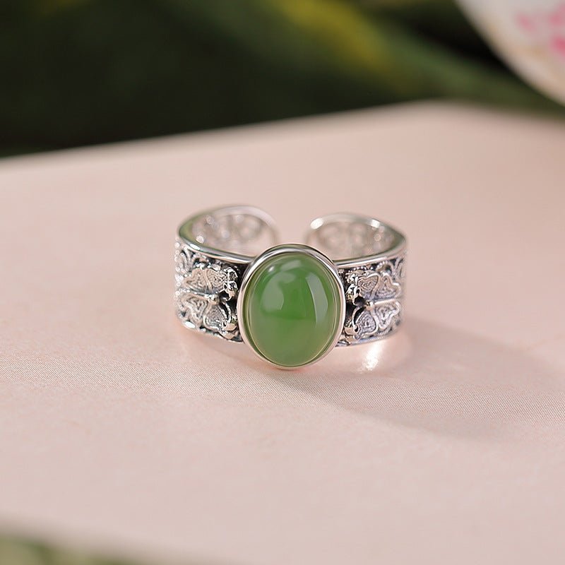 S925 Sterling Silver Hetian Jade Ring – Vintage Antique Hollow Butterfly Open Adjustable Ring | Natural Gemstone Chinese Elegance - Taichi - Zen