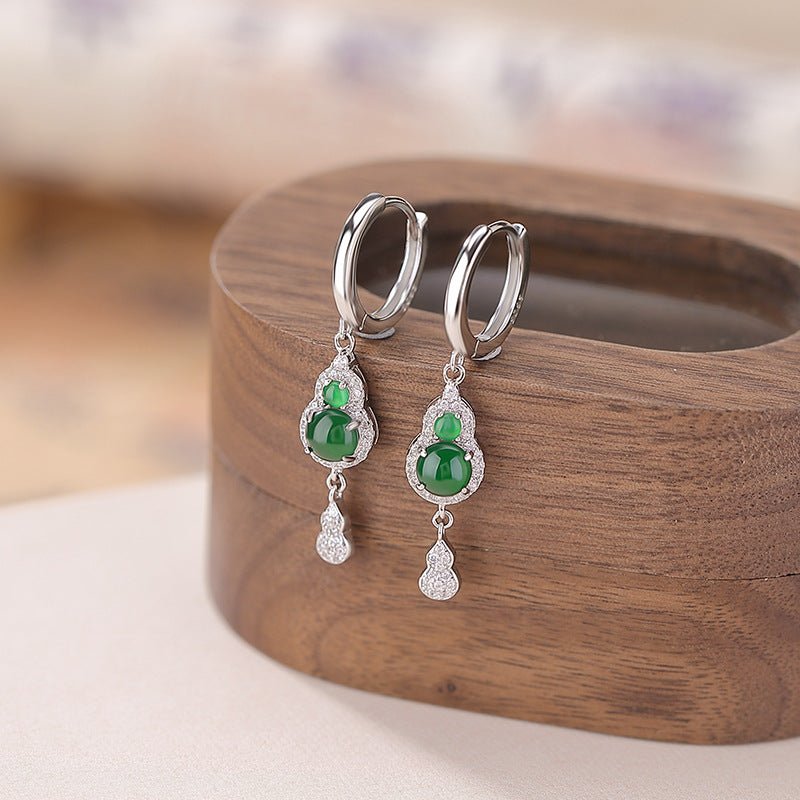S925 Sterling Silver Jadeite Earrings – "Gourd Harmony Talismans" - Taichi - Zen