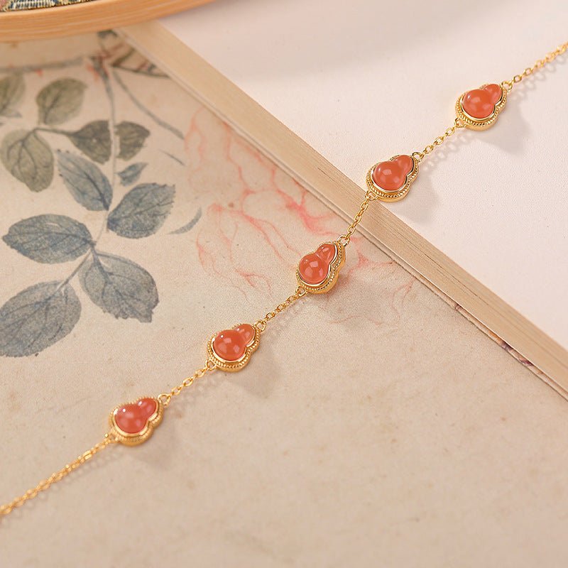 Natural Nanhong Water - Red Gourd Bracelet – S925 Sterling Silver Gold - Plated Lucky Double Gourd & Coin Charm | Wealth, Health & Longevity Amulet - Taichi - Zen
