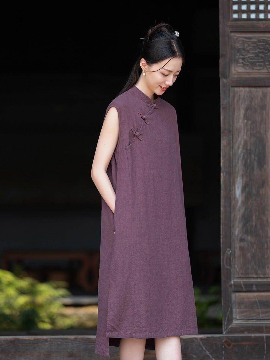Sanded Ramie Qipao – Sleeveless Summer Dress with Frog Button Detail - Taichi - Zen