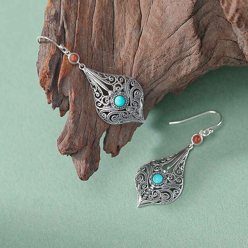 S925 Sterling Silver Turquoise & Red Agate Earrings – Intricate Scrollwork Dangle | Feng Shui Ethnic Statement Jewelry - Taichi - Zen