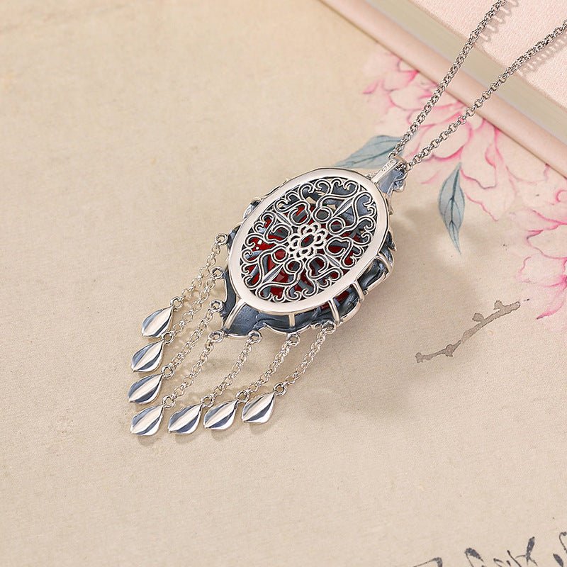 S925 Sterling Silver Peacock Enamel Pendant – Red Agate 'Fu' Charm with Tassels - Taichi - Zen