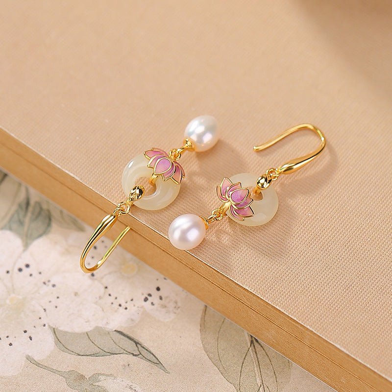 Chinese ’Hetianyu':Good Fortune to Go - Hetian Jade & Pearl Enamel Earrings - Taichi - Zen