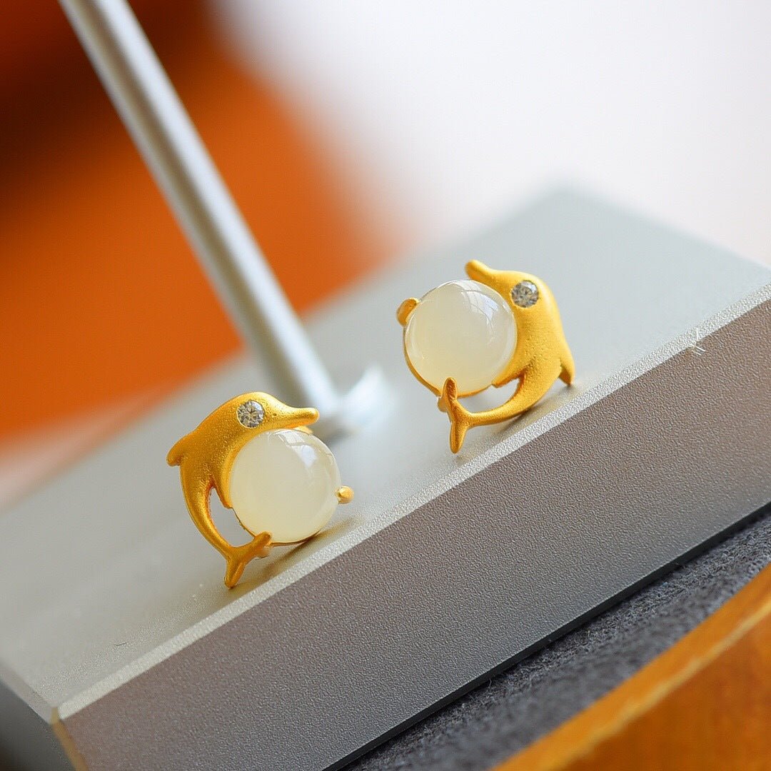 Playful Dolphin White Jade Stud Earrings – Elegant S925 Gold - Plated Minimalist Style - Taichi - Zen