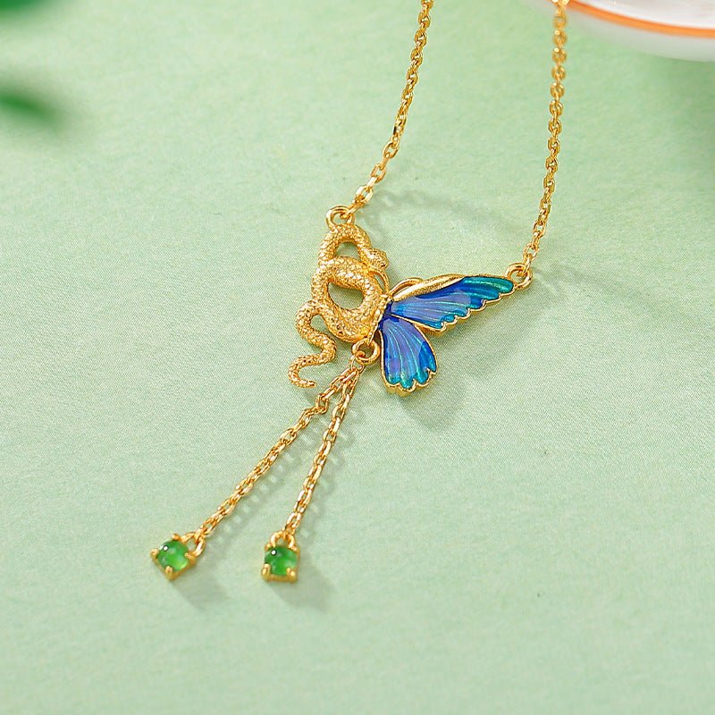 S925 Gold - Plated Jadeite Pendant – Enamel Butterfly & Serpent Motif with Tassel Chain - Taichi - Zen