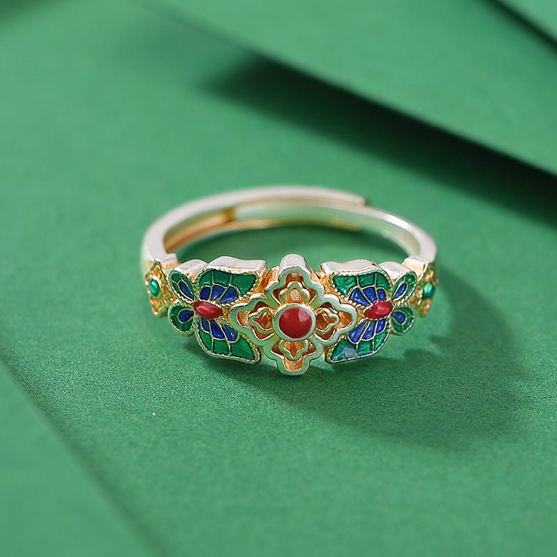 999.9 Pure Silver Enamel Butterfly Flower Ring – Chinese Auspicious Luck Jewelry | Hollow Carving & Gilded Artistry - Taichi - Zen