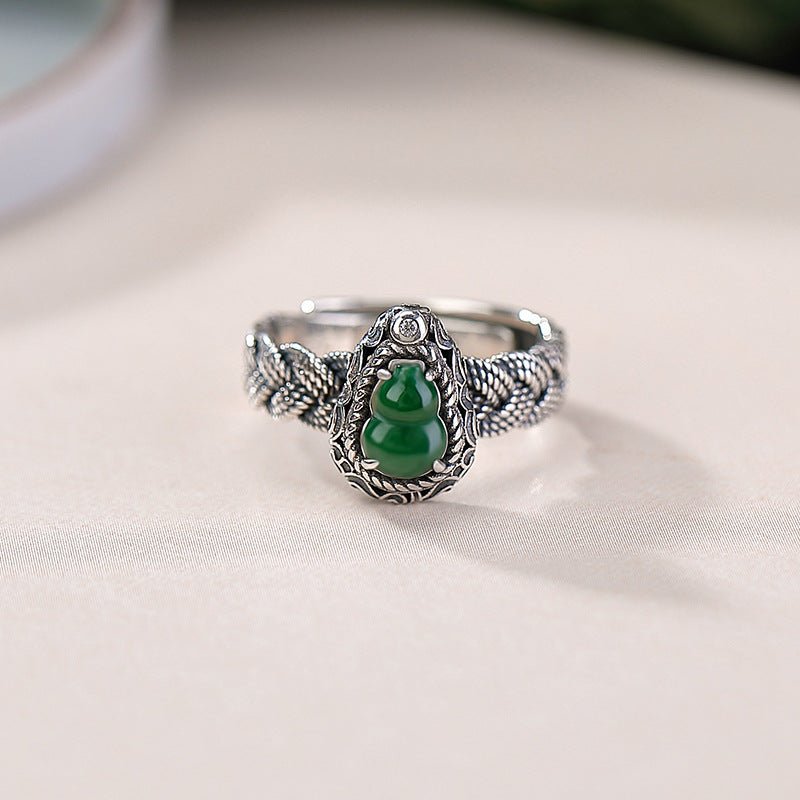 S925 Sterling Silver Jadeite Ring – Braided Gourd Open Band | Chinese "Fu Lu" Luck & Protection - Taichi - Zen