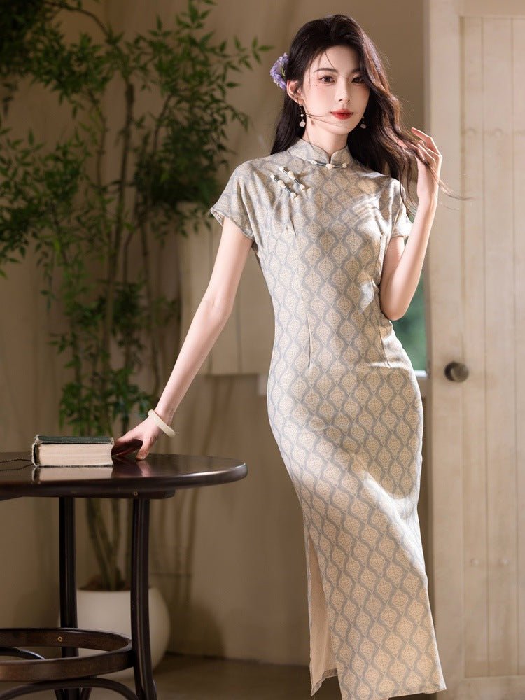 Cypress & Moonlight — Woven Petal Qipao in Pale Gold - Taichi - Zen
