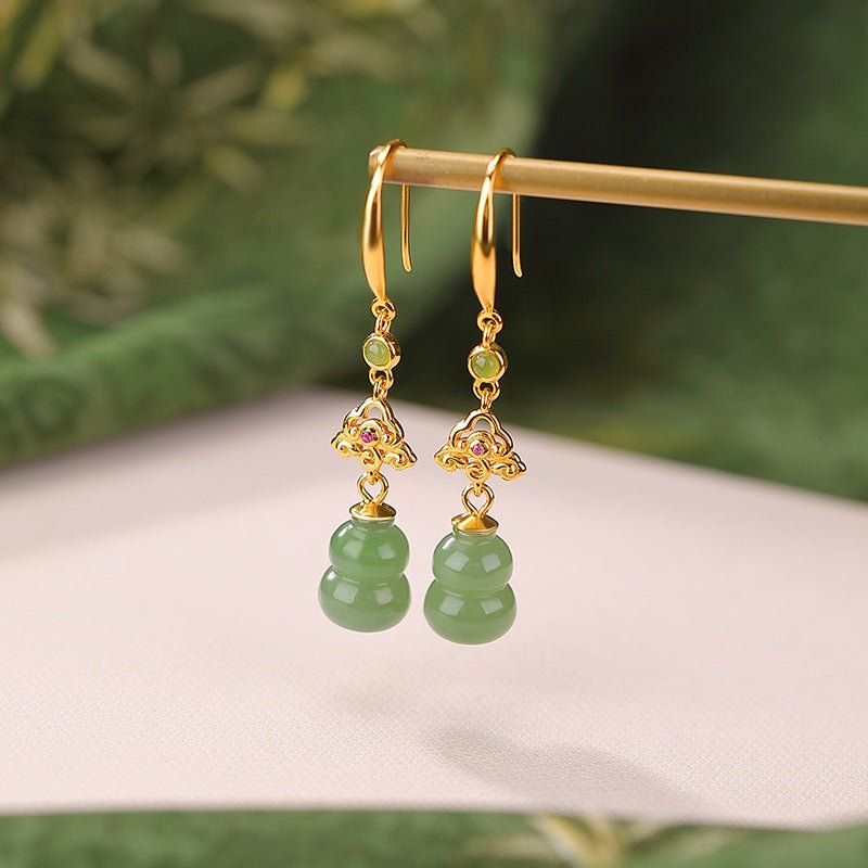 S925 Gold - Plated Hetian Jade Drop Earrings – Double Gourd of Fortune & Mindful Elegance - Taichi - Zen