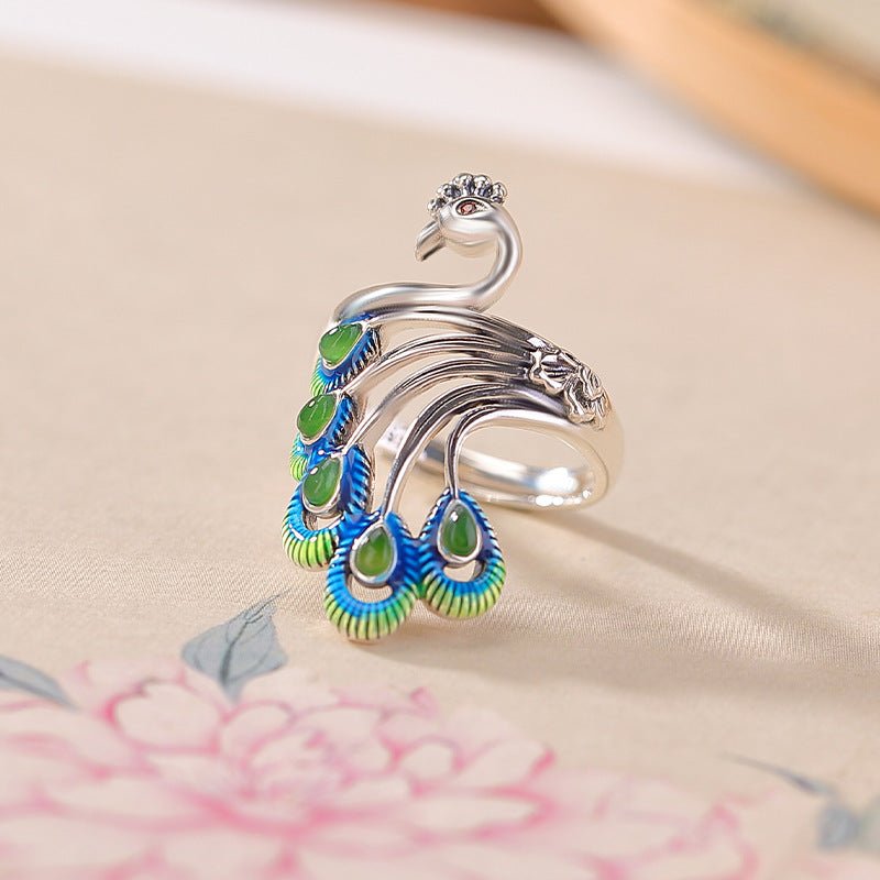 S925 Sterling Silver Hetian Jade & Southern Red Agate Ring – Peacock Enamel Majesty | Imperial Elegance Reimagined - Taichi - Zen