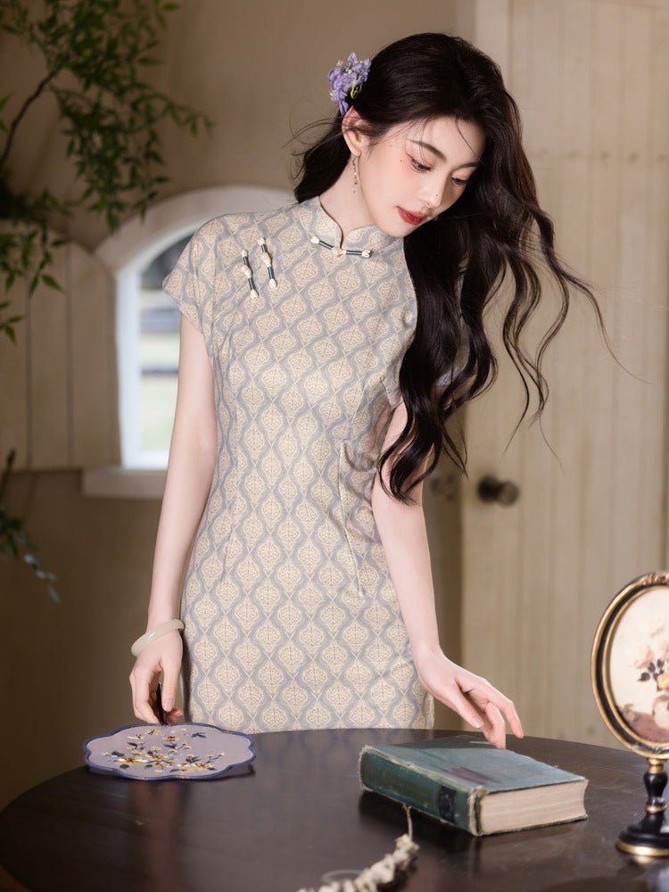 Cypress & Moonlight — Woven Petal Qipao in Pale Gold - Taichi - Zen