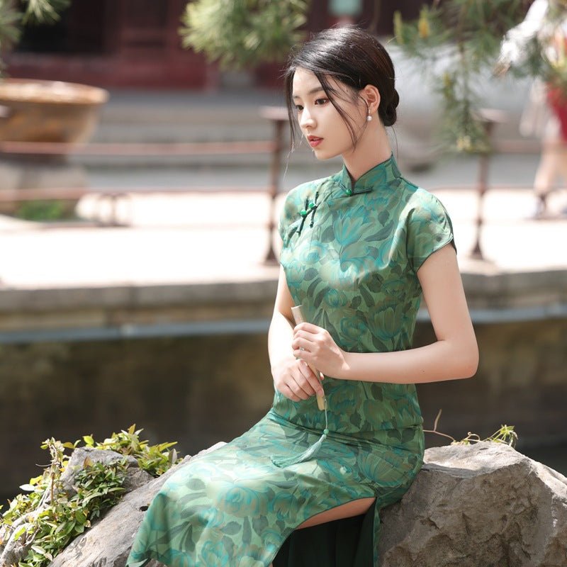 Lotus Green Qipao with Shadowed Floral Weave - Taichi - Zen