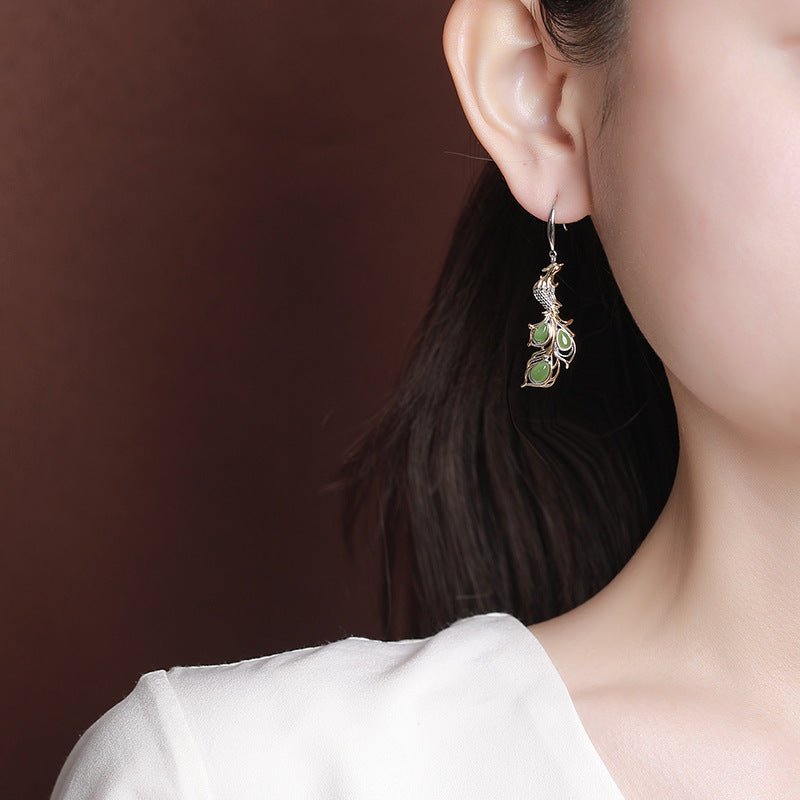 S925 Gold/Silver - Plated Hetian Jade Earrings – Waterdrop & Phoenix Motif | Chinese Heritage Reimagined - Taichi - Zen