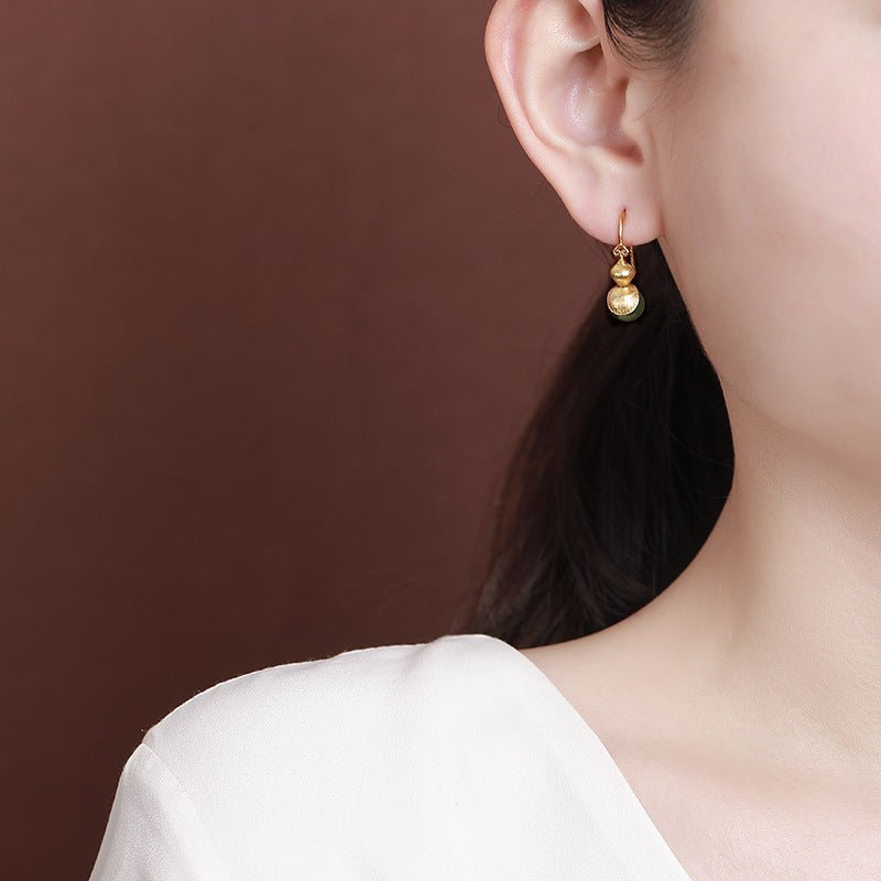 S925 Gold - Plated Hetian Jade & Amber Earrings – Double Blessing Húlu Drops - Taichi - Zen