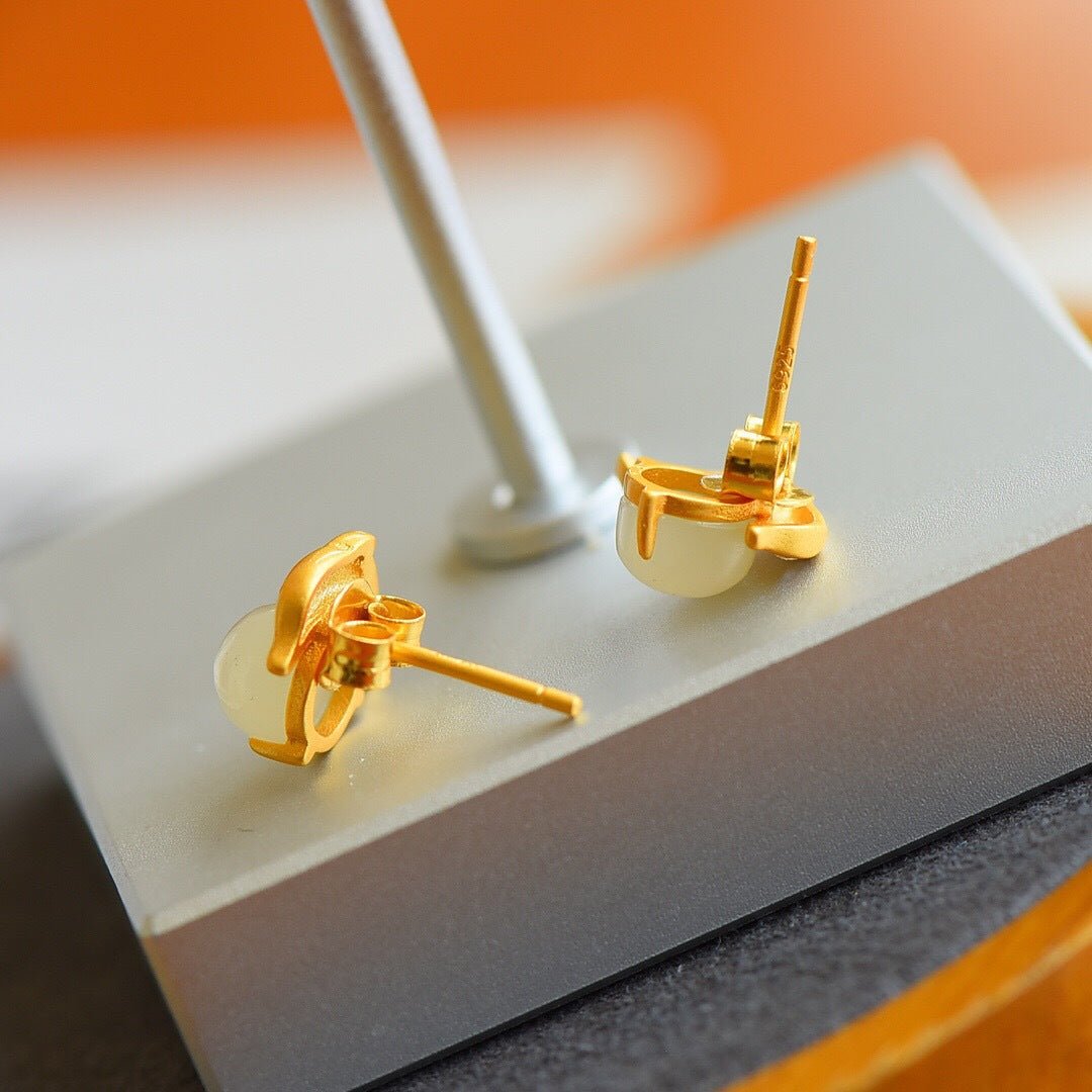 Playful Dolphin White Jade Stud Earrings – Elegant S925 Gold - Plated Minimalist Style - Taichi - Zen