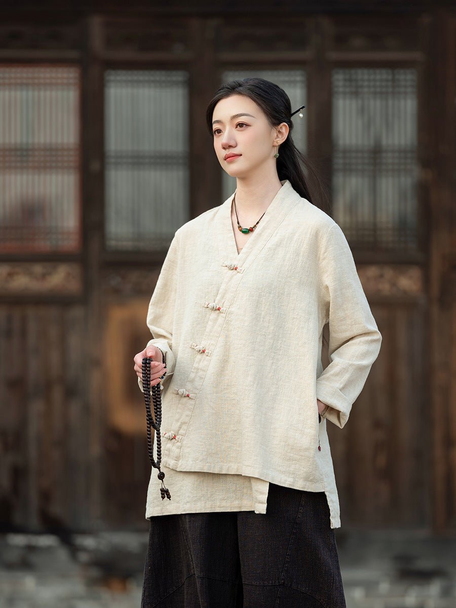 A Blouse for Still Days – Linen Blend, Hand - Knotted, Quietly Worn - Taichi - Zen
