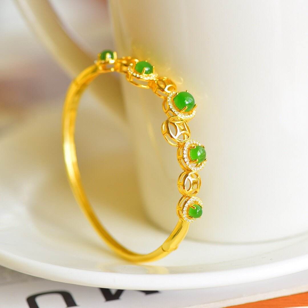 Jade Coin Bangle – S925 Gold - Plated, Green Calm & Golden Grace - Taichi - Zen