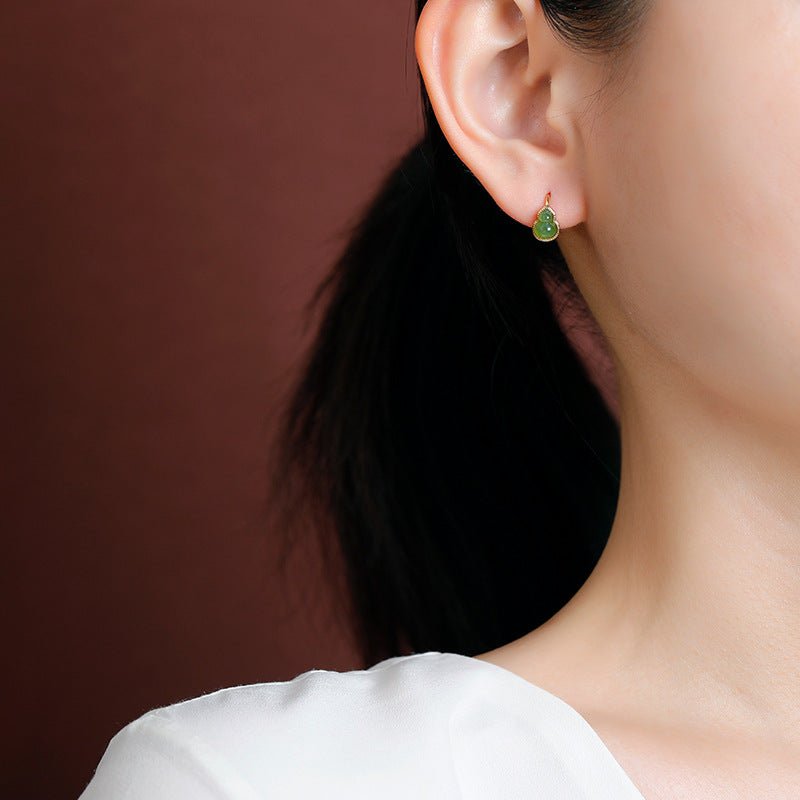 S925 Sterling Silver Gold - Plated Hetian Jade / Beeswax / Red Agate Earrings – Chinese Gourd Hook Design | Natural Gemstone Minimalist Dangle Earrings - Taichi - Zen