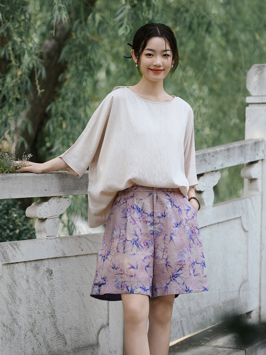 Lotus Ink – Printed Ramie A - line Shorts with Vintage Bloom - Taichi - Zen