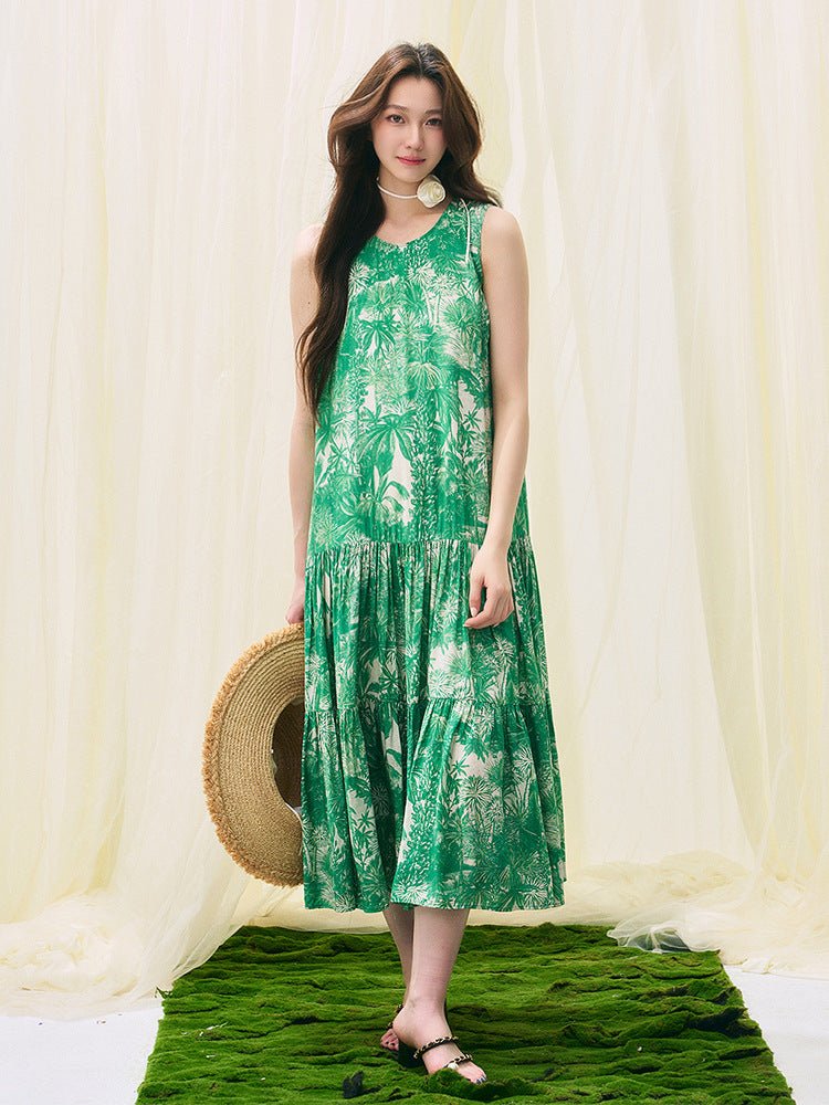 Green Floral Sleeveless Maxi Dress – Flowy Vacation Sundress with Flattering Loose Fit for Summer - Taichi - Zen
