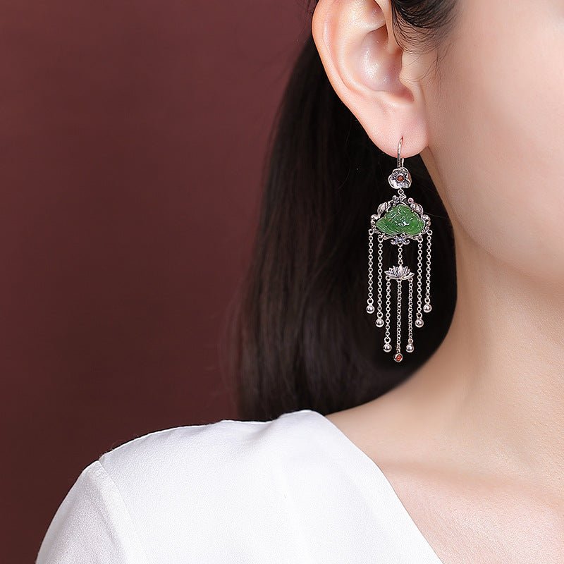 S925 Sterling Silver Hetian Jade Earrings – Lotus, Koi & Flowing Tassels - Taichi - Zen