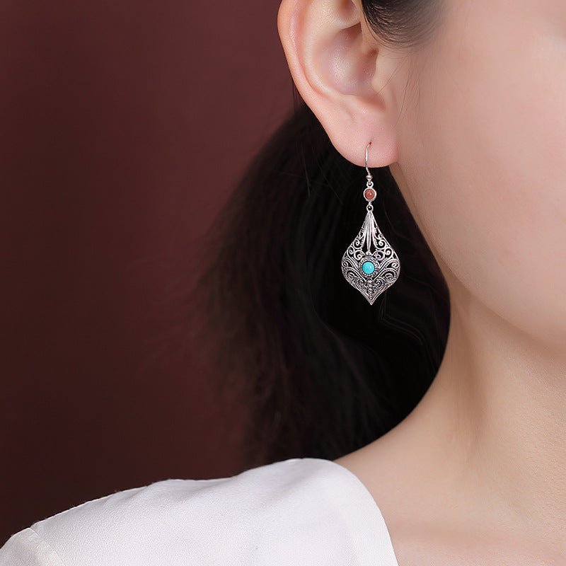 S925 Sterling Silver Turquoise & Red Agate Earrings – Intricate Scrollwork Dangle | Feng Shui Ethnic Statement Jewelry - Taichi - Zen