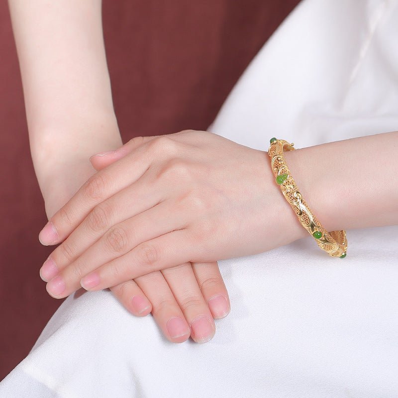 S925 Gold - Plated Hetian Jade Bangle – "Double Blessing Cuff" - Taichi - Zen