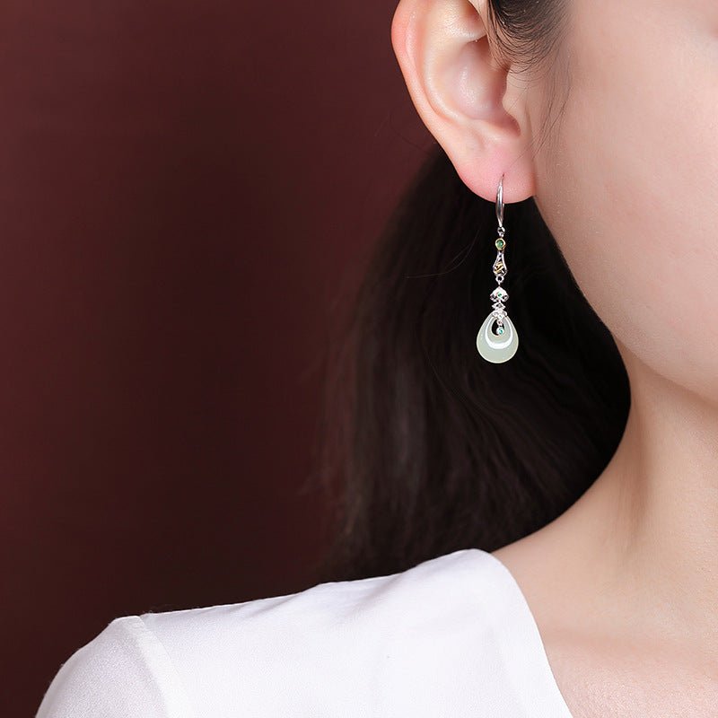 S925 Gold - Plated Hetian Jade Earrings – Waterdrop & Bamboo Leaf Motif | Timeless Chinese Elegance - Taichi - Zen