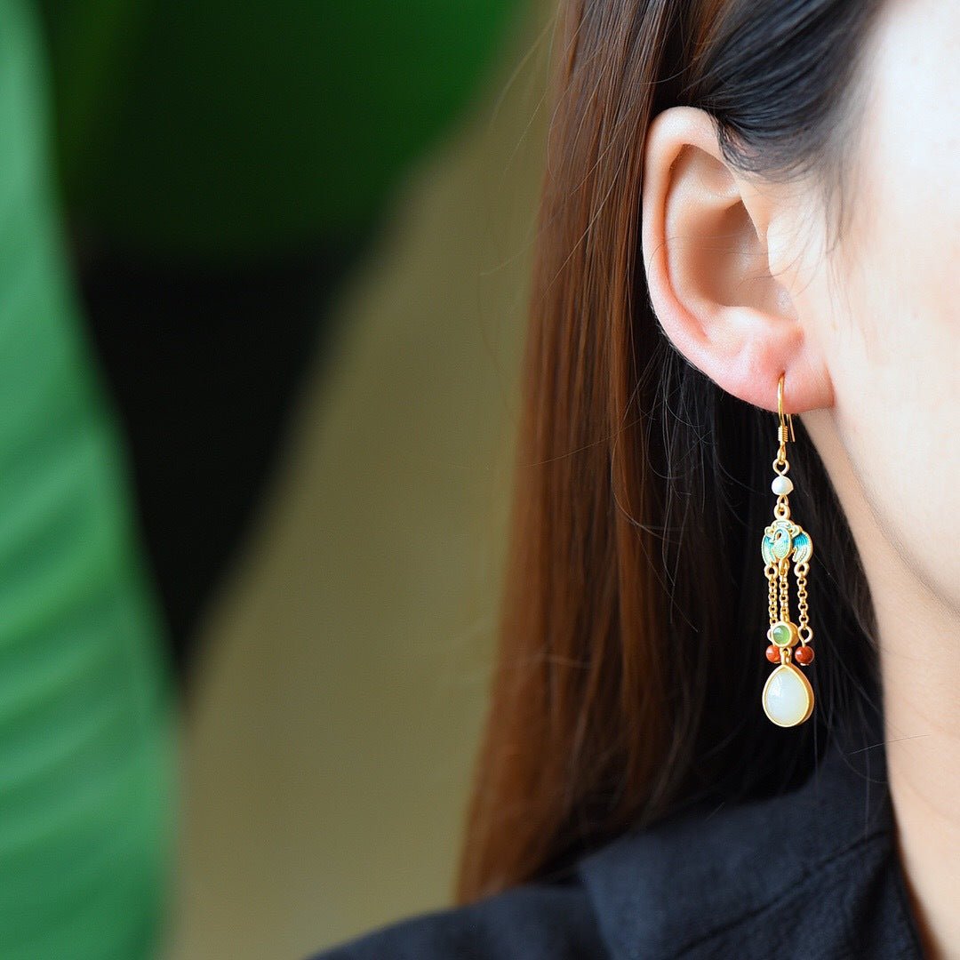 Swallows Beneath the Eaves – Enamel & White Jade Tassel Earrings - Taichi - Zen