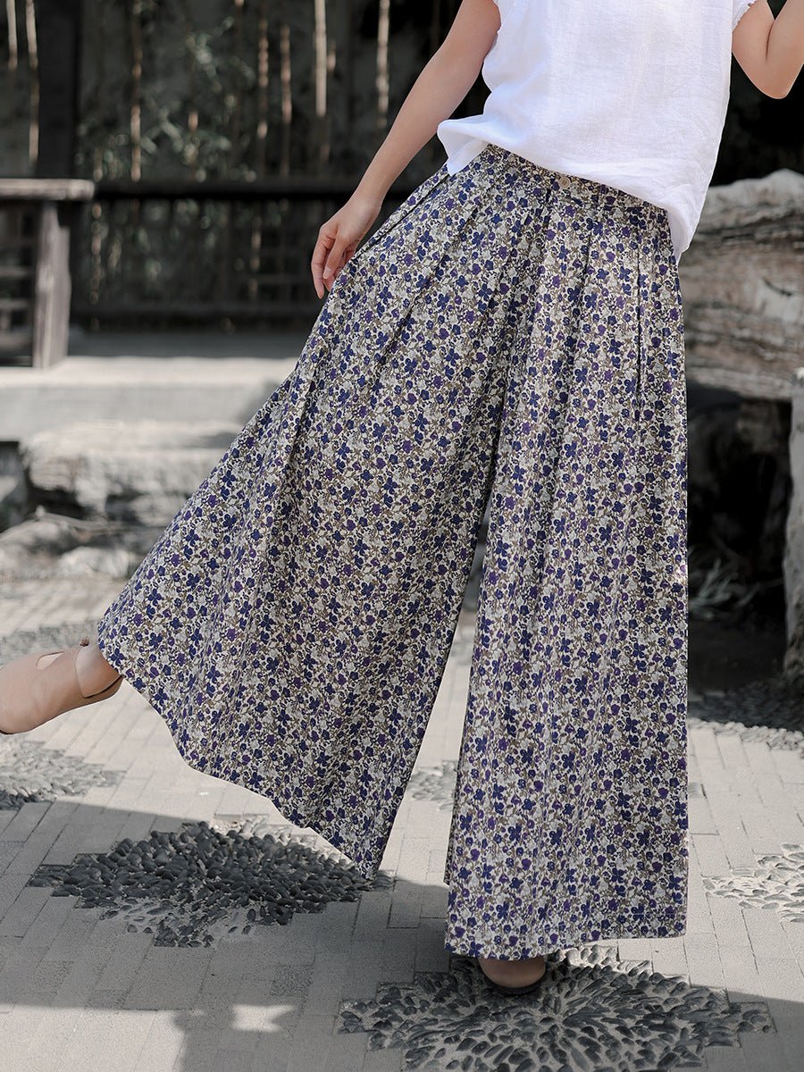 Last Spring, Still Blooming — Wide Cotton Skirt Pants with Floral Print - Taichi - Zen