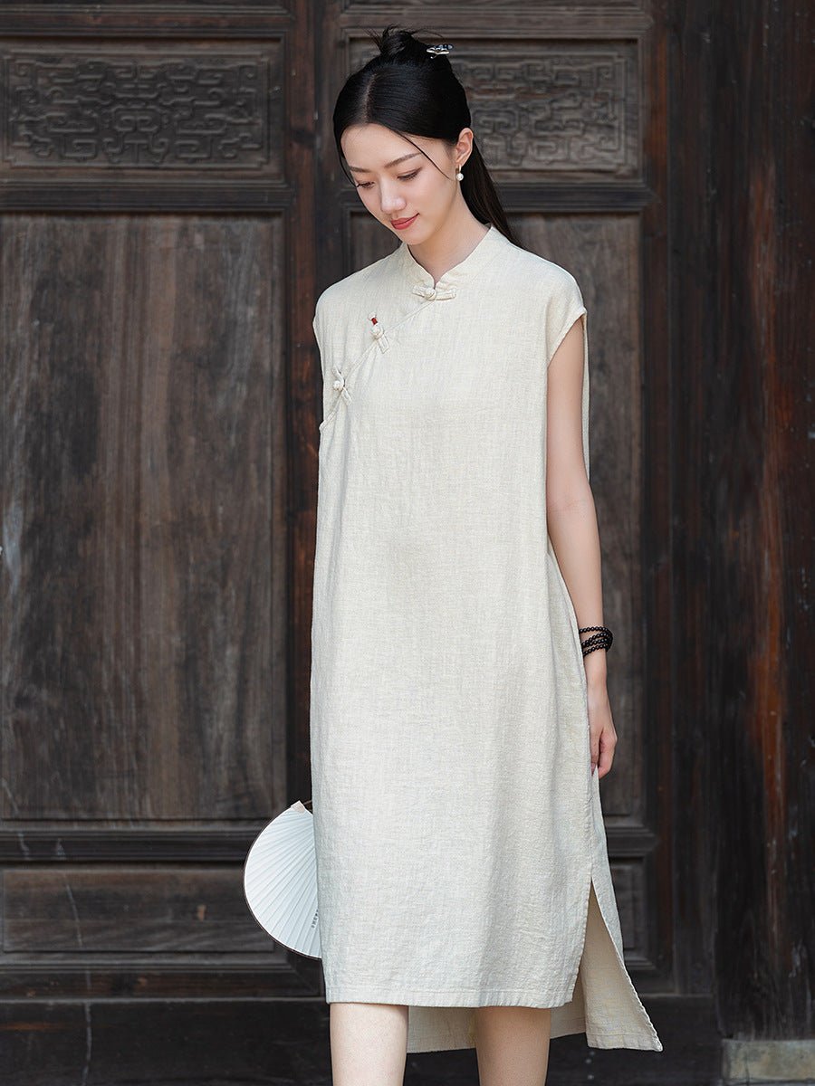 Sanded Ramie Qipao – Sleeveless Summer Dress with Frog Button Detail - Taichi - Zen