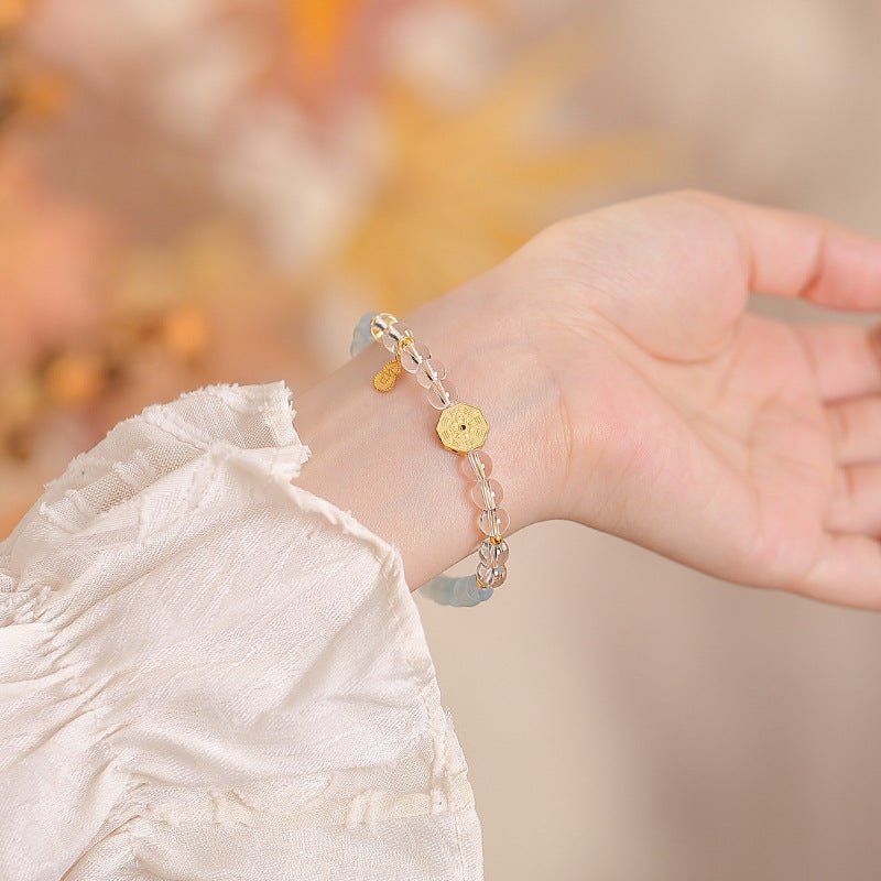 S925 Sterling Silver Gold - Plated Clear Crystal & Aquamarine Bracelet – Mountain Spirit & Mystical Symbols - Taichi - Zen