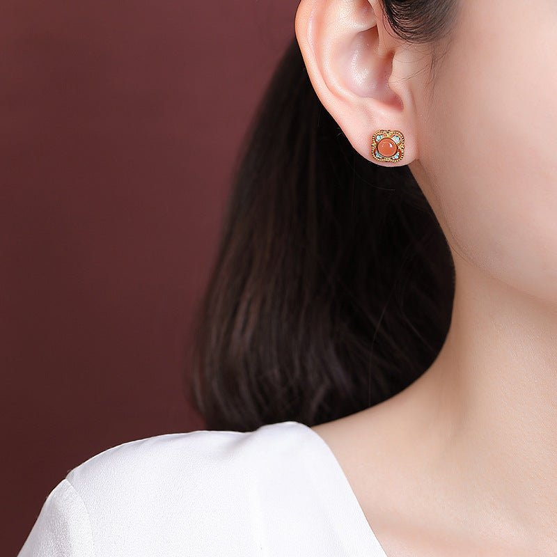 S925 Gold - Plated Water Red Agate Earrings – Double Fortune Motifs in Bloom - Taichi - Zen