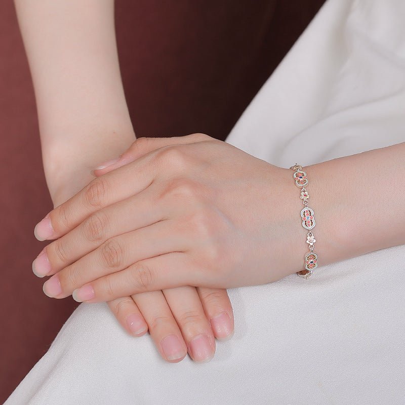 Pure 999.9 Silver 'Ruyi' Blessing Bracelet – Enamel Treasure Flowers & Lucky Gourds - Taichi - Zen