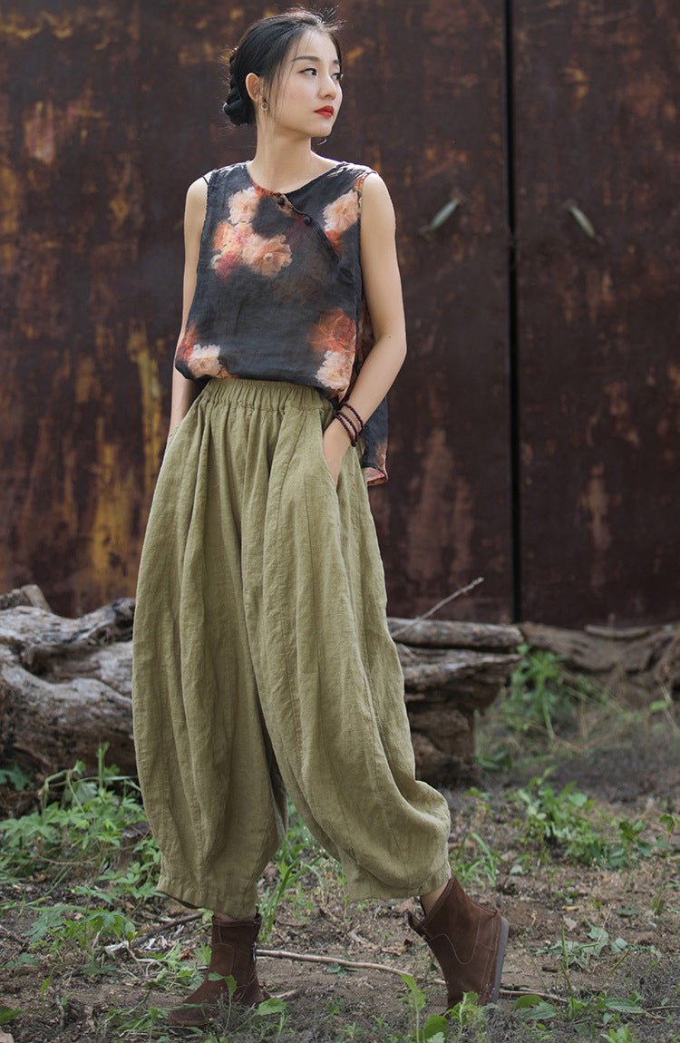Washed Ramie Patchwork Lantern Pants | Loose - Fit Nine - Tenths Trousers - Taichi - Zen
