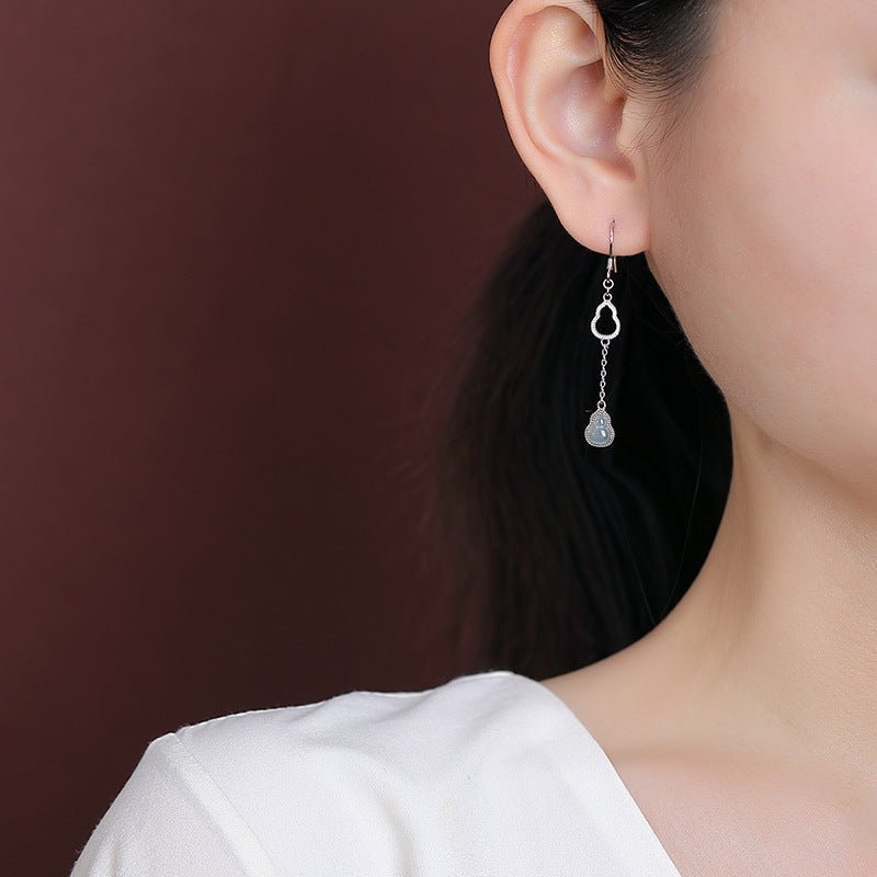 S925 Sterling Silver Blue Jadeite Earrings – Chinese Double Gourd Dangle | "Fu Lu" Luck & Longevity - Taichi - Zen