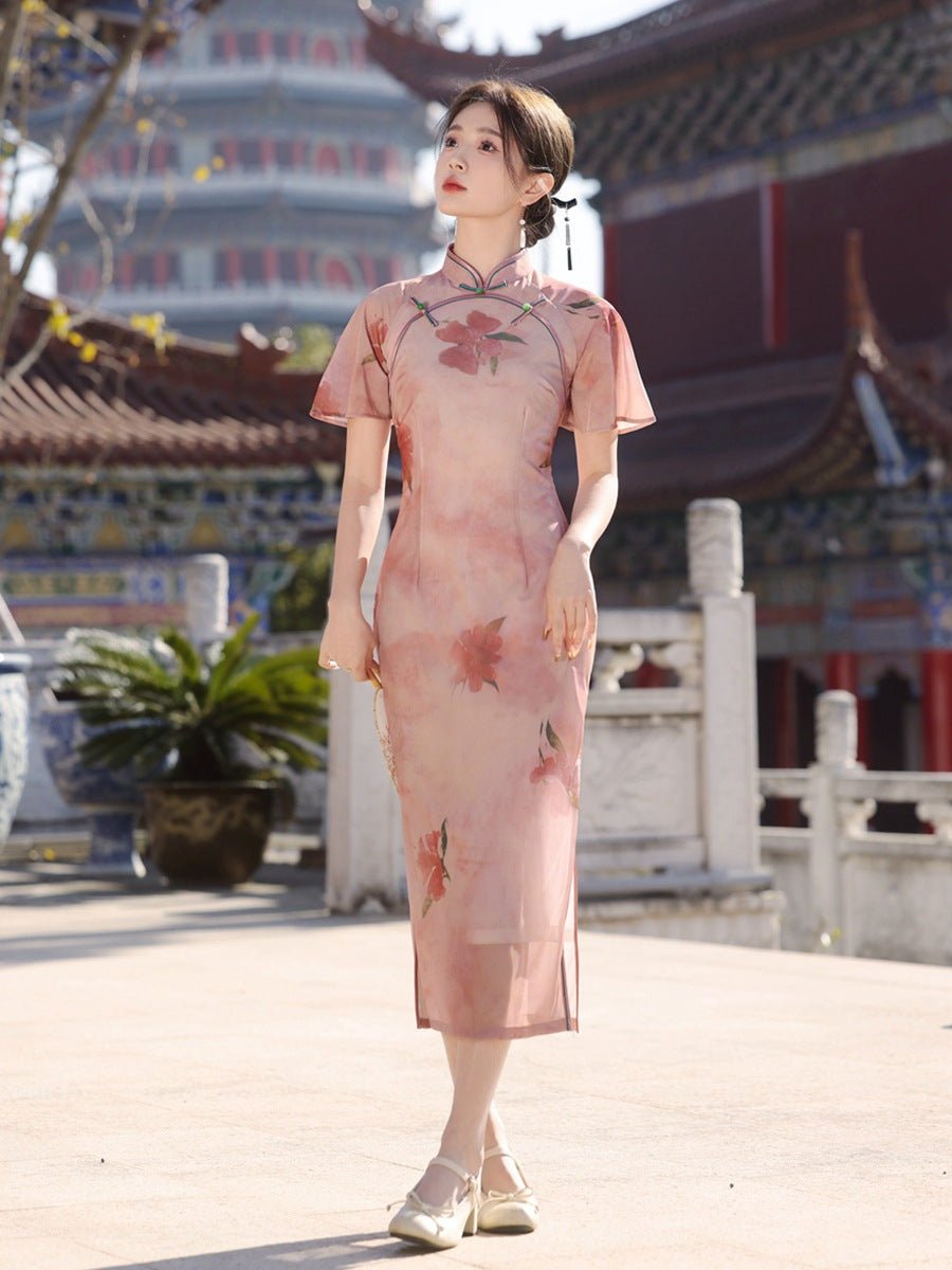 Blush Floral Qipao with Sheer Flutter Sleeves - Taichi - Zen